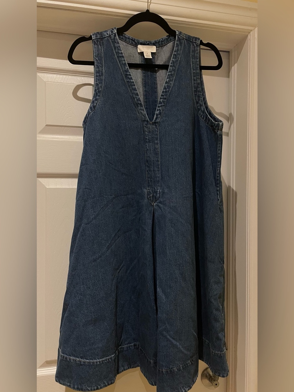 COS Blue Denim Pinafore Dress V-Neck A-Line Pockets 12 Scandinavian Minimalist